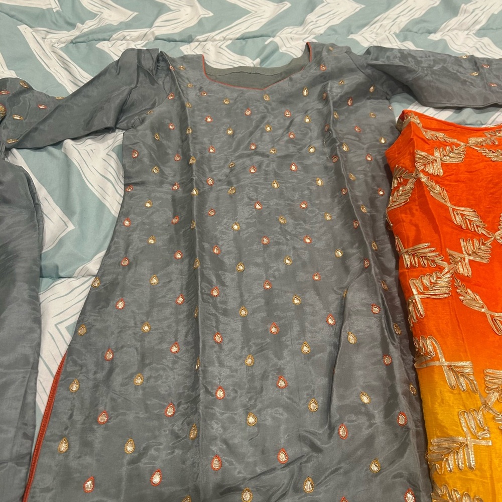 Gray and Orange Indian heavy suit with heavy dupatta